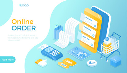 Online order via mobile phone. Online shopping. Ordering system app on the screen. Shopping cart with cardboard boxes, shopping bags. Credit card, bill. Isometric vector illustration for website.