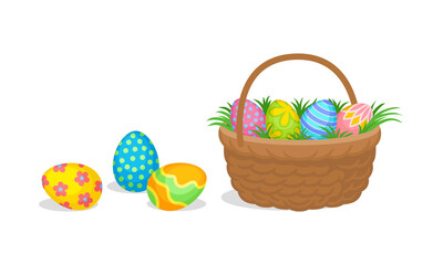 Decorated Easter Egg in Wicker Basket and Scattering Around as Holiday Symbols Vector Set