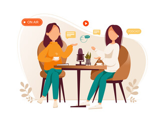 Girls podcasters talking to microphones recording podcast in studio podcasting. Vector flat illustration.
