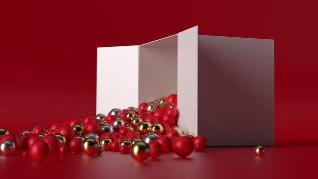 3d render of bright spheres fall out from gift box. Positive abstract background. Red environment. Animation of box opening.