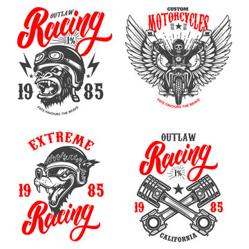 Set of the racer emblems. Crossed pistons, gorilla biker, motorcycle, biker skeleton. Design element for logo, label, sign, emblem, poster, t shirt. Vector illustration