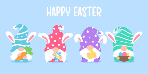 Cute gnomes wearing bunny ears hold carrots and colorful eggs in Easter. Isolated on background