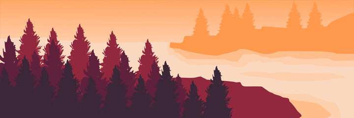 sunset in the side of sea, flat design illustration of landscape good for web banner and wallpaper background