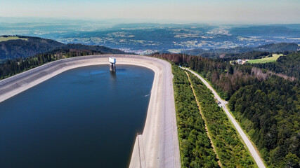 Aerial view of the water retention basin near Hornberg in the Black Forest - obrazy, fototapety, plakaty