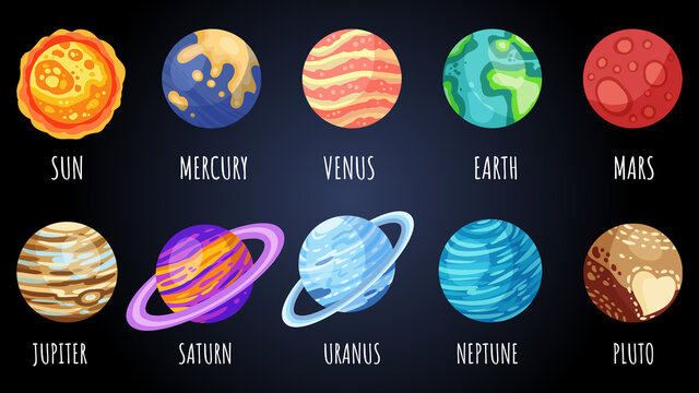 Set of cartoon planets, stars and satellites. Cosmos theme collection. Solar system outer space planets children icons. Vector images