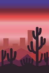 Violet and red sun set sky. Pink city silhouette. Purple desert dunes. Black cactuses. Abstract texture. Nature and ecology. Vertical orientation. Template for social media, post cards and posters
