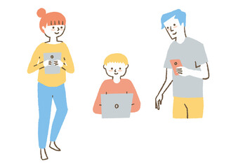 スマホとパソコンとタブレットを見る家族_カラー