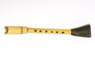 A replica of a musical instrument called a zucra. The instrument comes from Egypt.