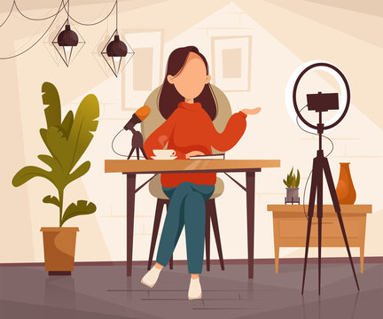 Podcast, vlogger or blogger create internet content. Vector flat illustration. Character creating video for blog or vlog review.