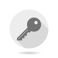 Fine gray key icon in the circle. Flat design and long shadow