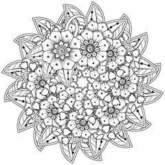 Mehndi flower for henna, mehndi, tattoo, decoration. decorative ornament in ethnic oriental style. doodle ornament. outline hand draw illustration. coloring book page.