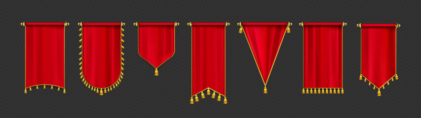 Red pennant flags mockup, blank hanging banners with golden tassels, rounded, concave, pointed and double edges. Medieval heraldic ensign templates, canvas. Realistic 3d vector icons isolated set © klyaksun