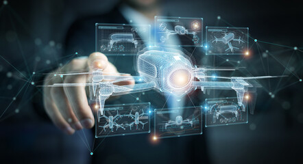 Businessman holding and touching holographic drone projection in his fingers 3D rendering