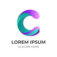 letter C logo template with 3d purple and green color style
