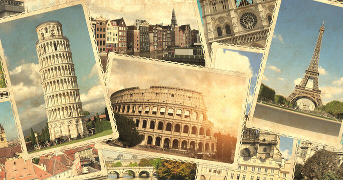 Vintage travel background with retro photos of european landmarks