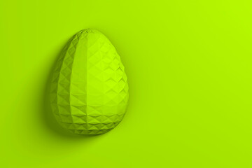 Easter concept. One single green egg with geometric original carved changing patterns on the surface on a green background. 3d illustration