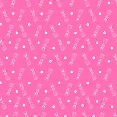 Seamless pattern with rabbit and flowers on pink background. Scrapbook paper, wrapping paper, fabric, textile designs.