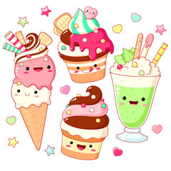 Set of cute sweet icons in kawaii style