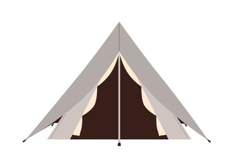 Pyramid tent with triangle roof isolated on white background. Canvas shelter for nature recreation, camping and hiking. Touristic equipment. Colored flat cartoon vector illustration