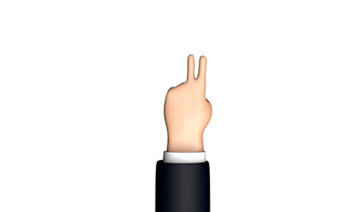 3d render of the hand of a businessman in a black suit shows a victory gesture in the shape of the letter V