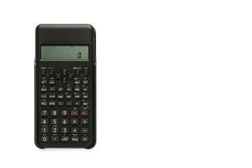 black scientific calculator on white background and copy space