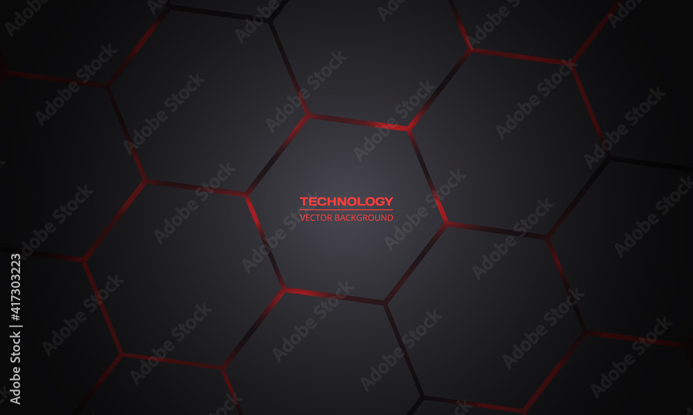 Aufkleber Dark red and gray hexagonal technology vector abstract background. Red bright energy flashes under hexagon in modern technology futuristic background vector illustration. Dark gray honeycomb texture.