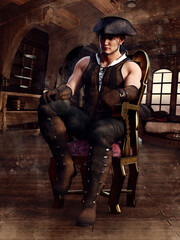 Fantasy pirate in a hat sitting on a chair in a captain's ship cabin.3D render - the man in the image is a 3D object, not a real person. 
