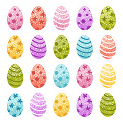 Set of Easter eggs. Bright colored collection of vector cartoon eggs with patterns