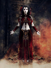 Fantasy gothic sorceress in a red dress standing in a hallway filled with smoke. 3D render - the woman in the image is a 3D object.
