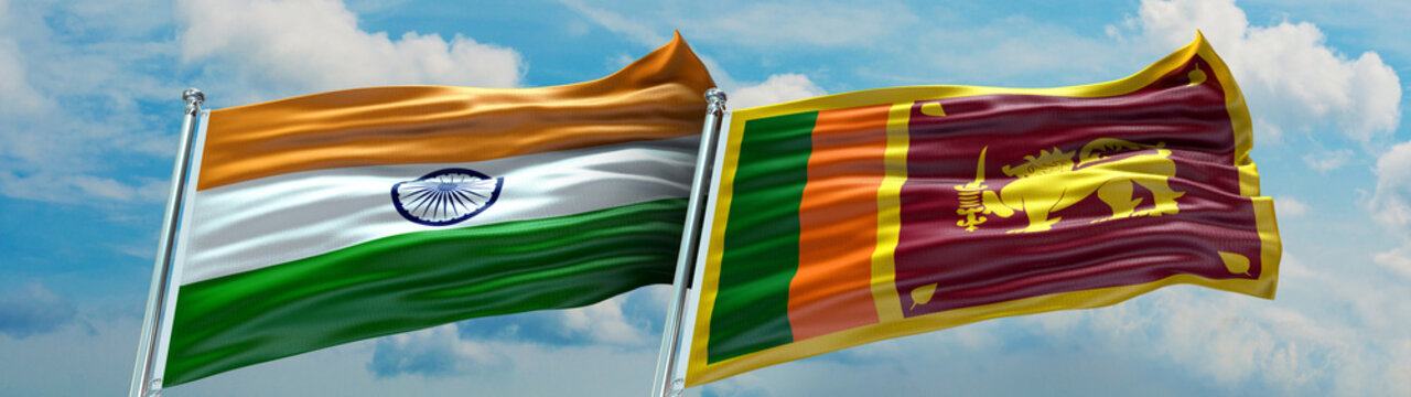 Sri Lanka Flag And India Flag Waving With Texture Sky Cloud Double Flag 