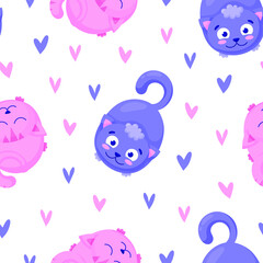 Children's seamless vector pattern isolated on white background. Enamored cats. March 8. International Women's Day. Wedding day. Print, fabric, textile, cards, invitations, packaging