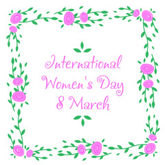 Delicate, vector, isolated, blooming roses for ladies. Frame made from plants. March 8. International Women's Day. Wedding day. For printing, fabrics, textiles, cards, invitations, wrappers