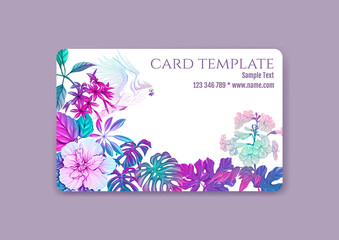 Plastic debit or credit, pass, discount, membership card template with tropical plants and birds in neon color on white background. Vector illustration.