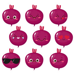 Cartoon cute purple beetroot emoji set