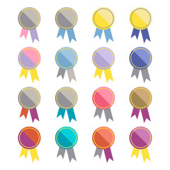 Vector illustration of sixteen variants of flat medals for diplomas, certificates, letters, advertisement, postcards, product design. Digitally created multicolored patterns
