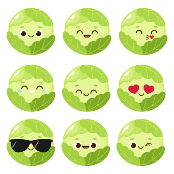 Cartoon cute green cabbage character set