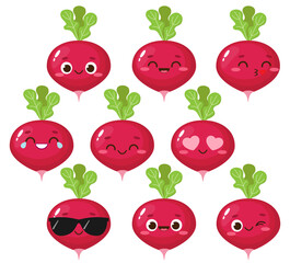 Cartoon cute radish emoji set
