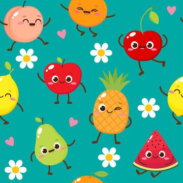 Seamless pattern with cute funny fruits