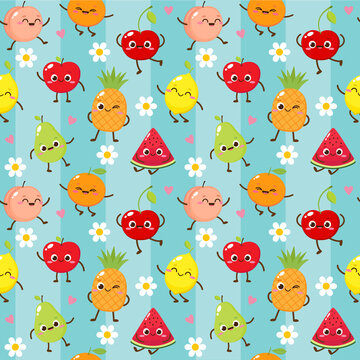 Seamless pattern with cute funny fruits