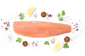 Fresh raw salmon fish with spices and aromatic herbs on white background. Top view.