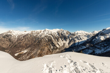 Winter landscape with snow of the Monte Carega, also called the Small Dolomites (Piccole Dolomiti) from the Altopiano della Lessinia (Lessinia Plateau). Veneto and Trentino Alto Adige, Italy, Europe.