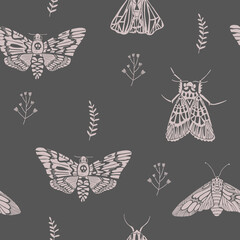 Seamless pattern with butterflies and plants. Suitable for wrapping paper, leanen, textiles. Ecostyle..