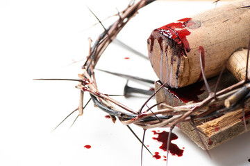 Bloody nails, crown of thorns with drops of blood isolated on white. Good Friday, Passion of Jesus...