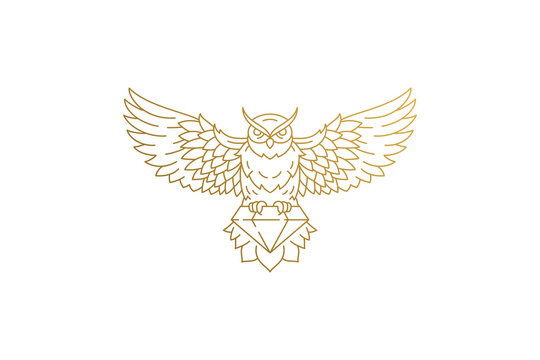 Flying owl with diamond silhouette linear vector illustration.