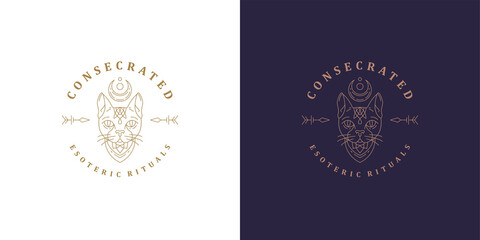 Mythical cat head logo template linear vector illustration