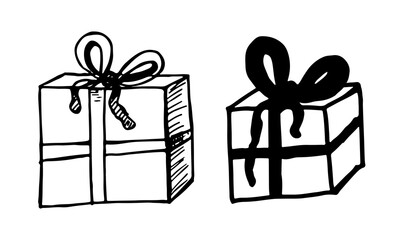 Hand drawn gift box. Simple doodle illustration. Present for Christmas or Birthday. Celebration event