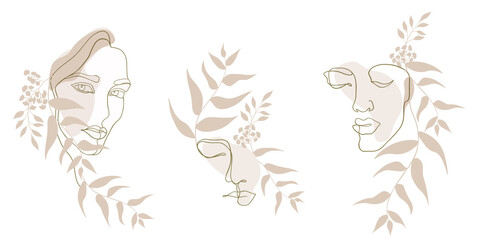 Vector set of abstract creative backgrounds in minimalistic trendy style with woman face portrait in one line, templates for social media stories and bloggers - simple stylish logo for beauty salon