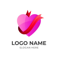 pure love logo, heart and ribbon, combination logo with 3d pink and red color style
