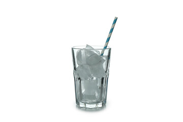 Glass with ice cubes and straw isolated on white background