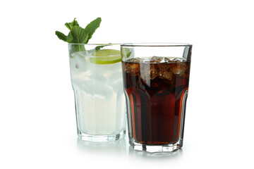 Glasses of cola and mojito isolated on white background